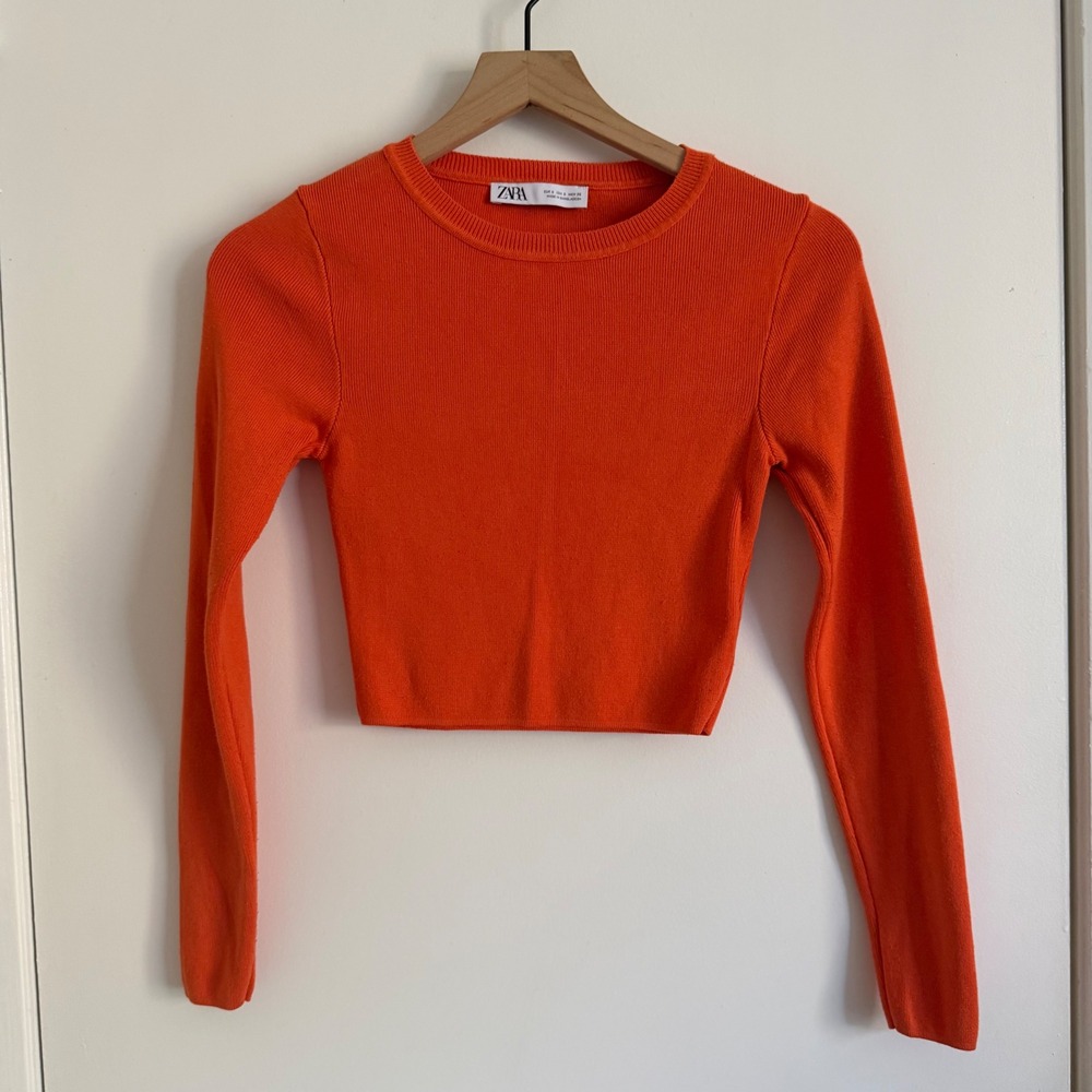 Zara Womens Orange Knit Long Sleeve Crop Sweater Streetwear Chic Y2K Festival